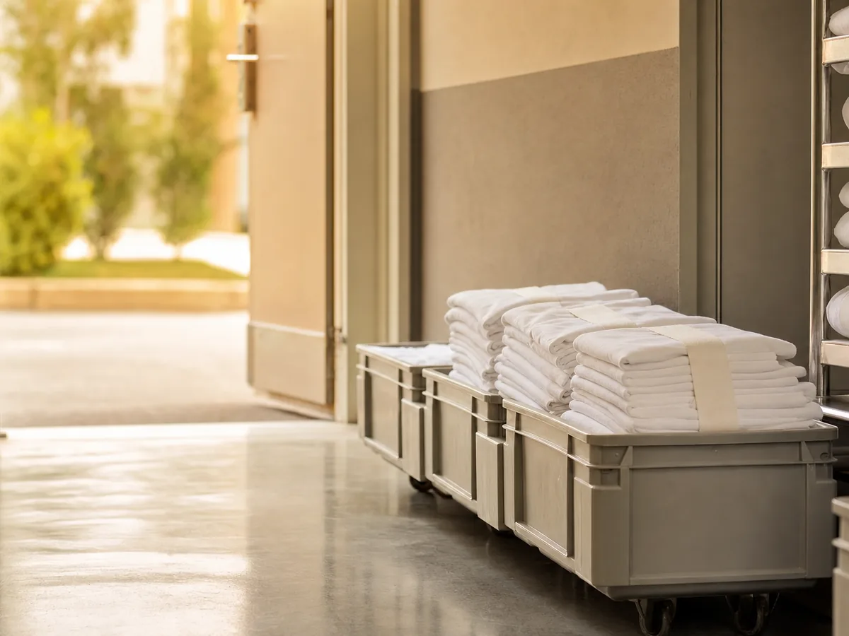 Crates of freshly folded white linens ready for delivery