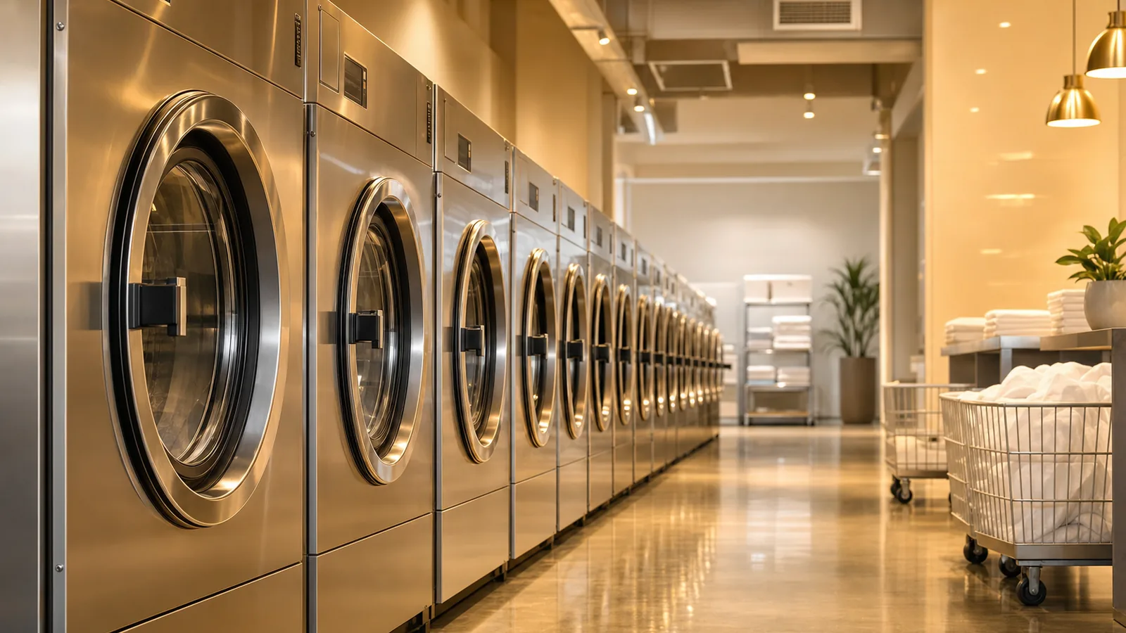 Row of stainless steel industrial washing machines in a clean commercial laundry facility